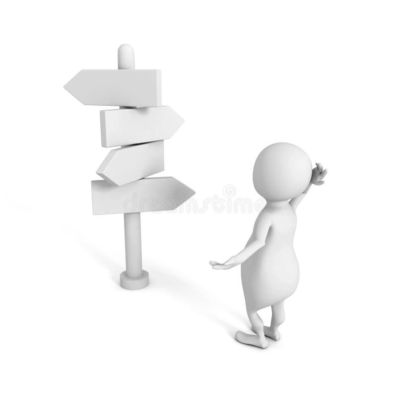 Uomo confuso di bianco 3d dietro i signes della strada del modo diverso choice illustrazione di stock Uomo confuso di bianco 3d dietro i signes della strada del modo diverso choice illustrazione di stock