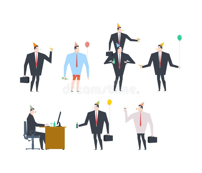 Uomo d'affari all'insieme del partito Cappuccio celebratorio e corno del partito illustrazione di stock Uomo d'affari all'insieme del partito Cappuccio celebratorio e corno del partito illustrazione di stock