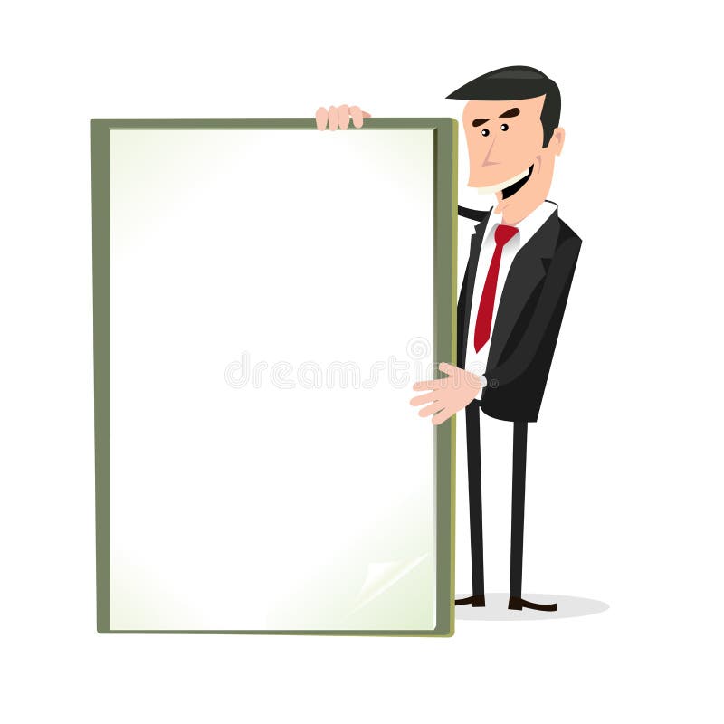Uomo d'affari bianco del fumetto che tiene un segno in bianco illustrazione di stock Uomo d'affari bianco del fumetto che tiene un segno in bianco illustrazione di stock