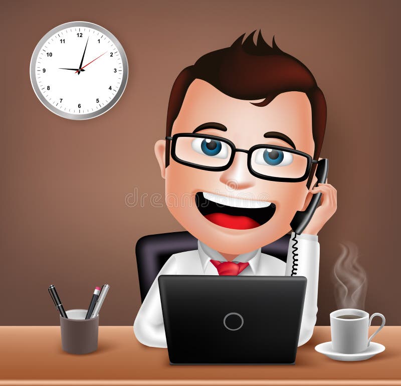 Uomo d'affari Character Working sulla Tabella della scrivania che parla sul telefono illustrazione vettoriale Uomo d'affari Character Working sulla Tabella della scrivania che parla sul telefono illustrazione vettoriale