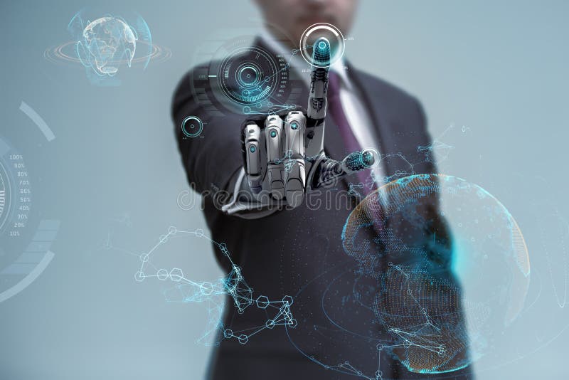 Uomo d'affari che aziona l'interfaccia virtuale del hud e che manipola gli elementi con la mano robot illustrazione di stock