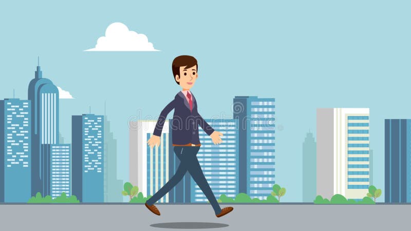 Uomo d'affari che cammina sulla via principale con il video di animazione del fondo di paesaggio urbano Passeggiata dell'uomo di