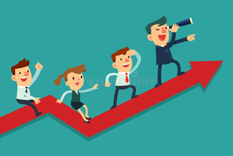 Uomo d'affari che conduce il suo gruppo al successo illustrazione di stock Uomo d'affari che conduce il suo gruppo al successo illustrazione di stock