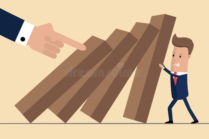 Uomo d'affari che prova a fermare domino di caduta Gestione di crisi di affari e concetto della soluzione Concetto del rischio Il illustrazione vettoriale Uomo d'affari che prova a fermare domino di caduta Gestione di crisi di affari e concetto della soluzione Concetto del rischio Il illustrazione vettoriale
