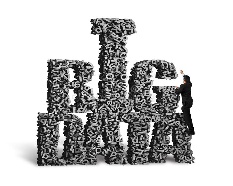 Uomo d'affari che scala le parole di BIG DATA dei caratteri 3d fotografia stock libera da diritti Uomo d'affari che scala le parole di BIG DATA dei caratteri 3d fotografia stock libera da diritti