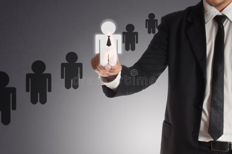 Uomo d'affari che sceglie partner giusto da molti candidati, concetto fotografie stock Uomo d'affari che sceglie partner giusto da molti candidati, concetto fotografie stock