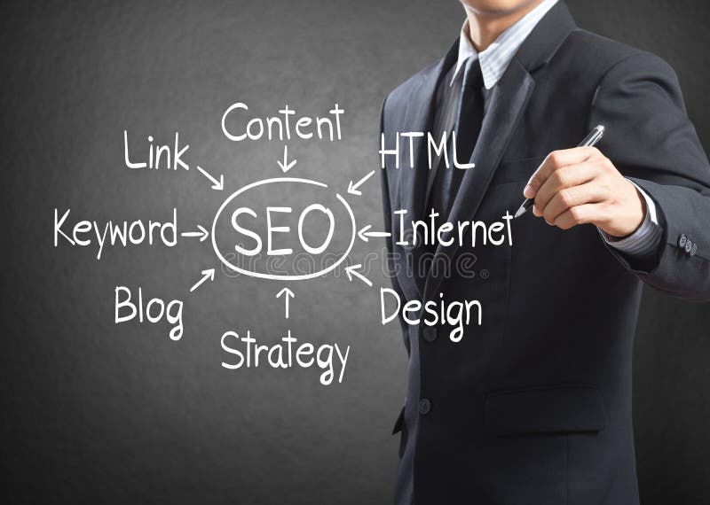 Uomo d'affari che scrive il diagramma di processo di SEO fotografie stock