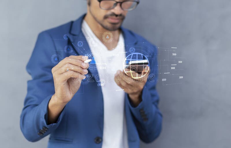 Uomo d'affari che scrive partnership con la tecnologia dei social media e impara con smartphone. Uomo d'affari che scrive partnership con la tecnologia dei social media e apprende con la partnership e il concetto di rete smartphone