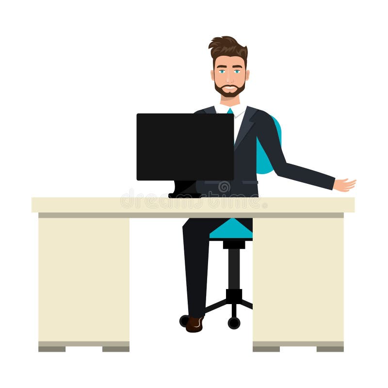 Uomo d'affari che si siede nel posto di lavoro illustrazione vettoriale Uomo d'affari che si siede nel posto di lavoro illustrazione vettoriale