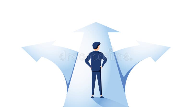 Uomo d'affari che si trova ad un bivio e sceglie la direzione Concetto aziendale Moderna illustrazione vettoriale Direzione royalty illustrazione gratis Uomo d'affari che si trova ad un bivio e sceglie la direzione Concetto aziendale Moderna illustrazione vettoriale Direzione royalty illustrazione gratis