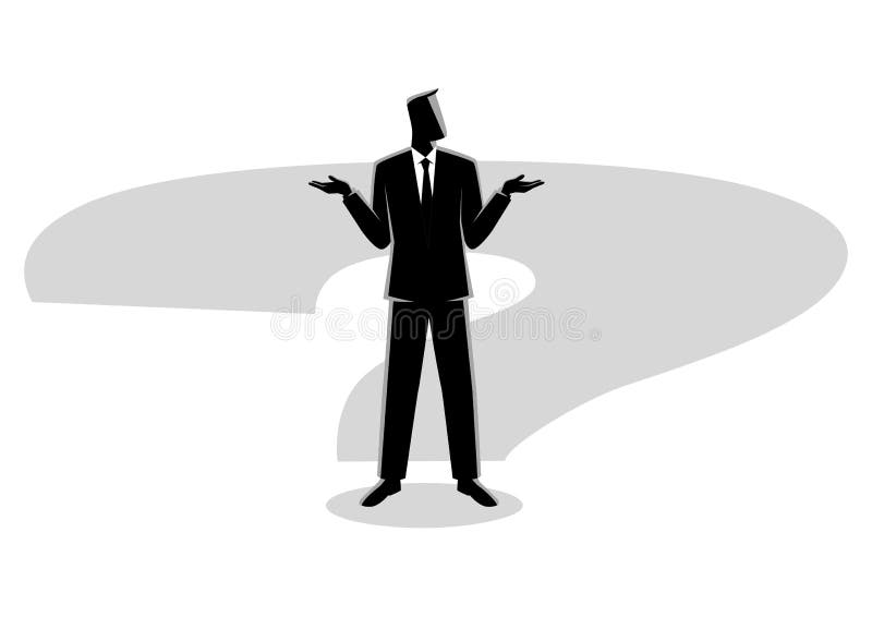Uomo d'affari che sta sull'ombra del punto interrogativo illustrazione di stock Uomo d'affari che sta sull'ombra del punto interrogativo illustrazione di stock