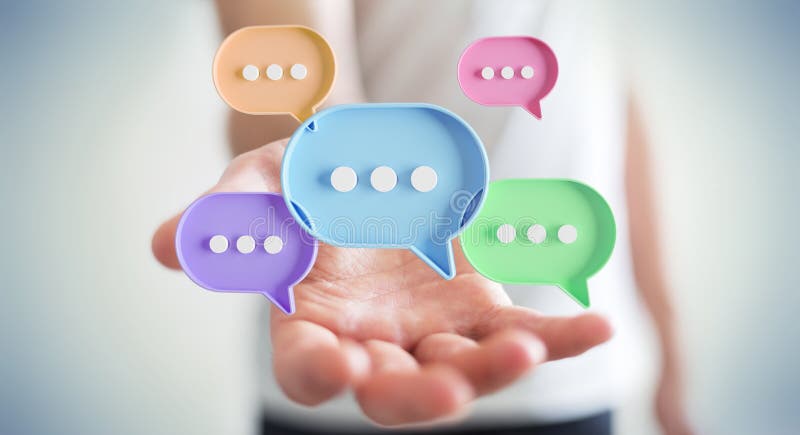 Businessman using digital colorful speech bubbles talk icons. Minimal conversation or social media messages floating over user hand. 3D rendering. Businessman using digital colorful speech bubbles talk icons. Minimal conversation or social media messages floating over user hand. 3D rendering