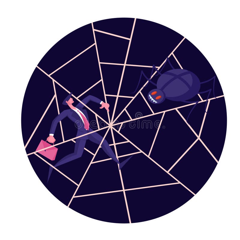 Uomo d'affari con Briefcase intrappolato in Spiderweb con l'enorme caccia al ragno spaventoso Frodi In Attesa Di Preda royalty illustrazione gratis Uomo d'affari con Briefcase intrappolato in Spiderweb con l'enorme caccia al ragno spaventoso Frodi In Attesa Di Preda royalty illustrazione gratis