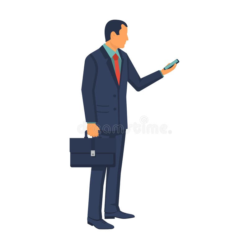Uomo d'affari con il telefono a disposizione isolato su fondo bianco illustrazione vettoriale Uomo d'affari con il telefono a disposizione isolato su fondo bianco illustrazione vettoriale