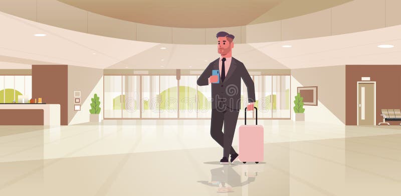 Uomo d'affari con la condizione moderna del tipo della valigia della tenuta dell'uomo di affari di area reception dei bagagli nel illustrazione vettoriale Uomo d'affari con la condizione moderna del tipo della valigia della tenuta dell'uomo di affari di area reception dei bagagli nel illustrazione vettoriale