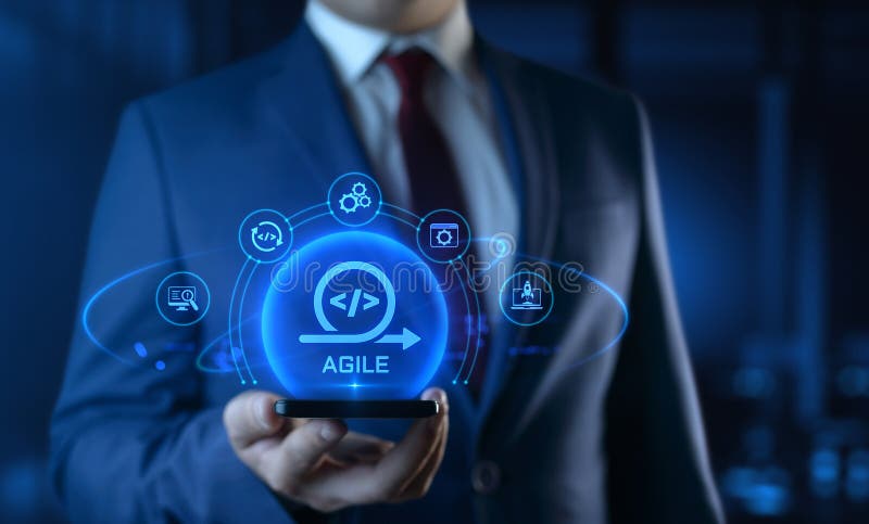 Uomo d'affari con smartphone e icone di sviluppo Agile sullo schermo. Concetto di sviluppo software illustrazione vettoriale