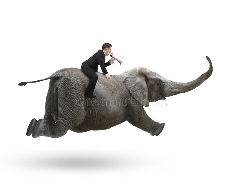 Uomo d'affari con usando guida dell'altoparlante sull'elefante fotografia stock libera da diritti Uomo d'affari con usando guida dell'altoparlante sull'elefante fotografia stock libera da diritti