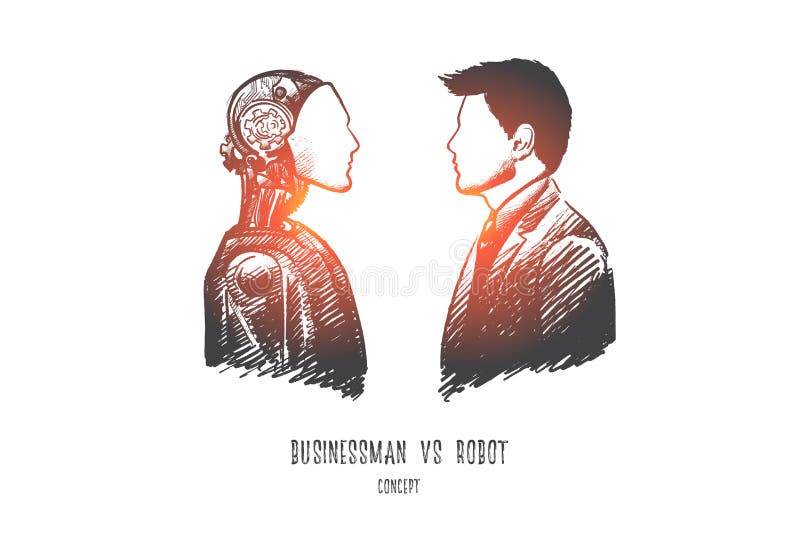 Uomo d'affari contro il concetto del robot Vettore disegnato a mano royalty illustrazione gratis Uomo d'affari contro il concetto del robot Vettore disegnato a mano royalty illustrazione gratis
