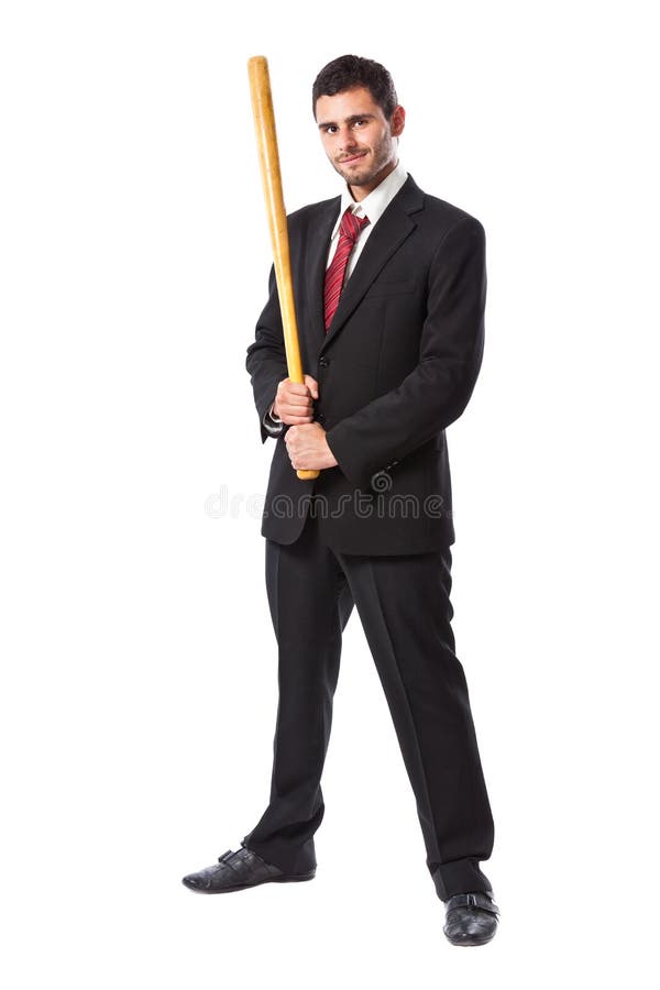 Uomo d'affari e mazza da baseball immagini stock libere da diritti Uomo d'affari e mazza da baseball immagini stock libere da diritti