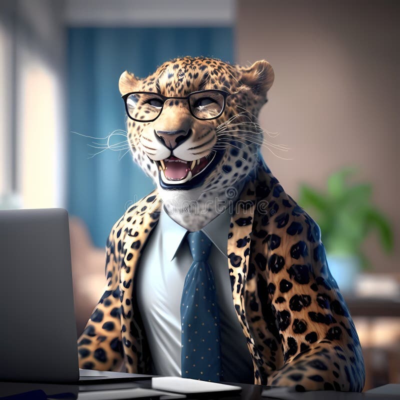 Uomo d'affari leopardo felice in ufficio. aie generativa. Rinchiudi abiti leopardi felici come uomo d'affari in ufficio.