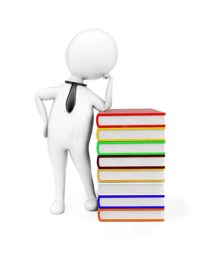 Uomo 3d appoggiato su un mucchio di libri illustrazione di stock