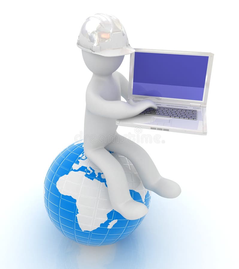 uomo 3d in un casco che si siede sulla terra e che funziona al suo computer portatile royalty illustrazione gratis uomo 3d in un casco che si siede sulla terra e che funziona al suo computer portatile royalty illustrazione gratis