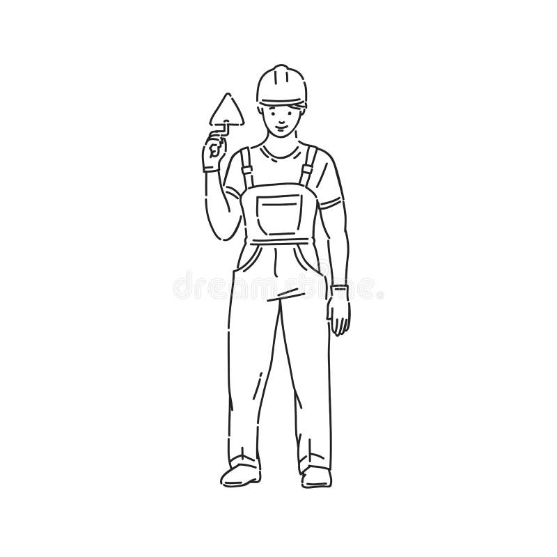 Uomo del costruttore in uniforme professionale ed in casco protettivo Linea bianco del nero di vettore del carattere di stile di royalty illustrazione gratis Uomo del costruttore in uniforme professionale ed in casco protettivo Linea bianco del nero di vettore del carattere di stile di royalty illustrazione gratis
