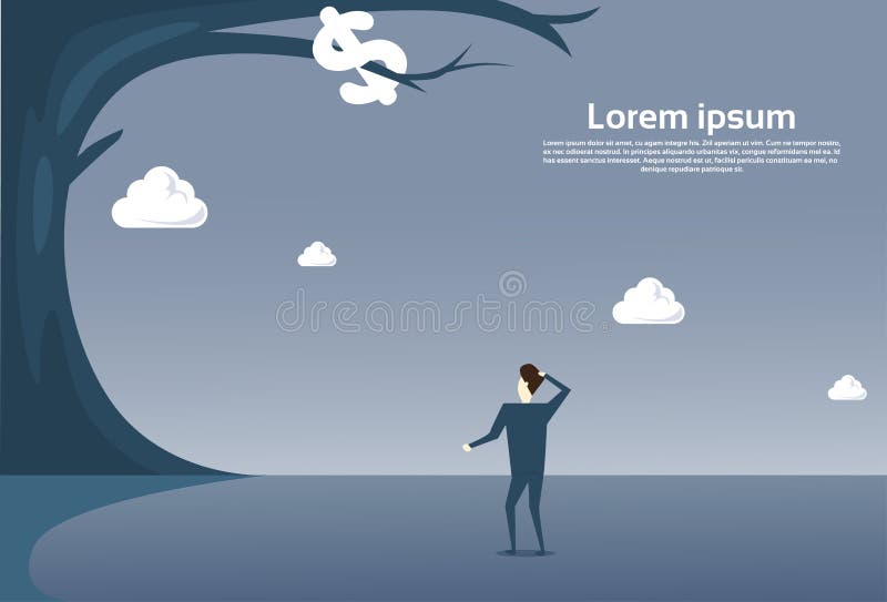 Uomo di affari che esamina simbolo di dollaro sulla retrovisione della parte posteriore dell'albero illustrazione di stock Uomo di affari che esamina simbolo di dollaro sulla retrovisione della parte posteriore dell'albero illustrazione di stock