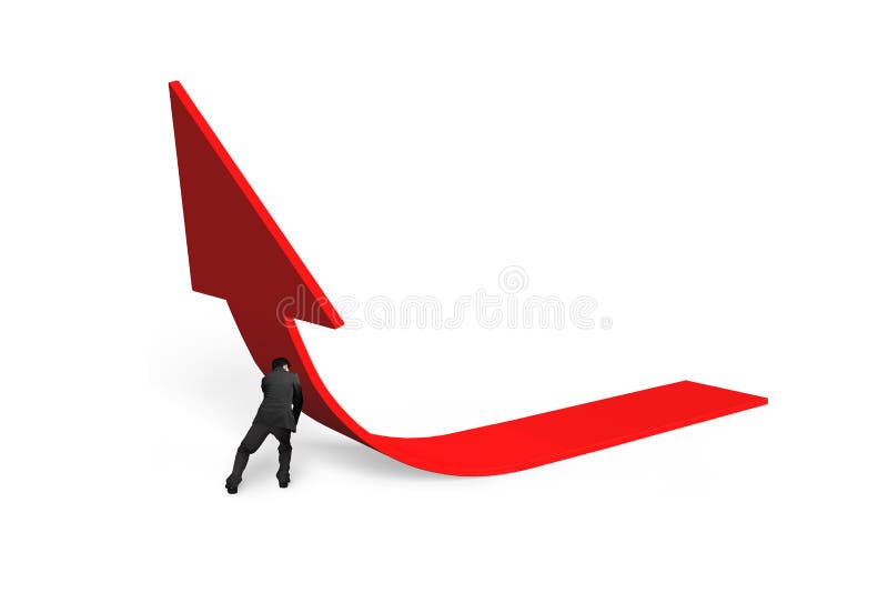Uomo di affari che spinge la freccia rossa di tendenza 3D verso l'alto illustrazione di stock Uomo di affari che spinge la freccia rossa di tendenza 3D verso l'alto illustrazione di stock
