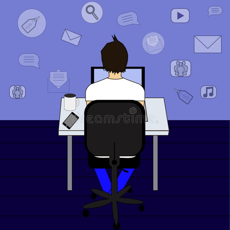 Uomo di affari o impiegato di concetto che si siede su una sedia allo scrittorio nell'ufficio, vista posteriore, progettazione pi illustrazione di stock Uomo di affari o impiegato di concetto che si siede su una sedia allo scrittorio nell'ufficio, vista posteriore, progettazione pi illustrazione di stock