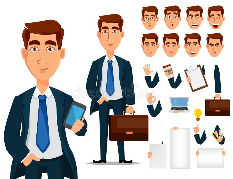 Uomo di affari in vestito convenzionale, insieme della creazione del personaggio dei cartoni animati royalty illustrazione gratis Uomo di affari in vestito convenzionale, insieme della creazione del personaggio dei cartoni animati royalty illustrazione gratis
