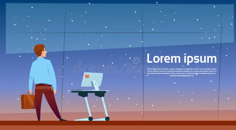 Uomo di affari vicino al desktop del computer di ufficio dello scrittorio che sta indietro lo spazio della copia di retrovisione illustrazione di stock Uomo di affari vicino al desktop del computer di ufficio dello scrittorio che sta indietro lo spazio della copia di retrovisione illustrazione di stock