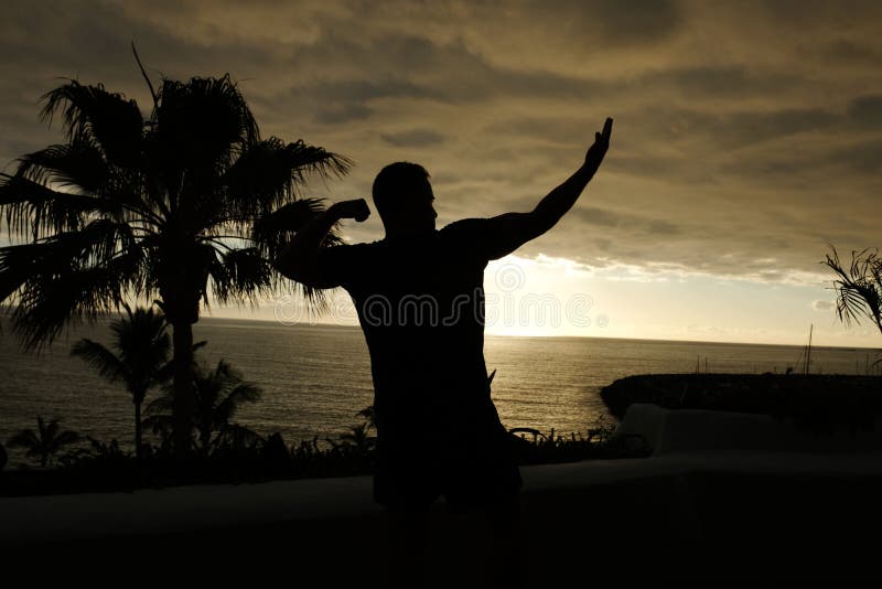 Uomo di misura che posa siluetta con il tramonto sopra l'oceano immagine stock Uomo di misura che posa siluetta con il tramonto sopra l'oceano immagine stock