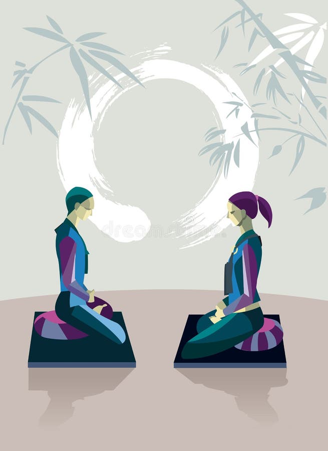 Men and women sitting in the lotus position, in a meditation hall, practicing silent meditation. They belong to the tradition of Zen Buddhism. Men and women sitting in the lotus position, in a meditation hall, practicing silent meditation. They belong to the tradition of Zen Buddhism.