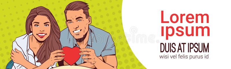 Uomo e donna che tengono le giovani coppie del cuore rosso nell'amore sopra lo schiocco comico Art Valentine Day Concept illustrazione di stock Uomo e donna che tengono le giovani coppie del cuore rosso nell'amore sopra lo schiocco comico Art Valentine Day Concept illustrazione di stock