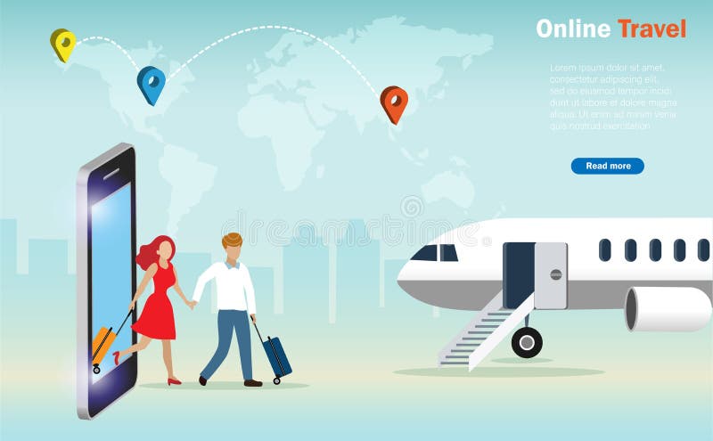 Uomo e donna che trasportano bagagli sullo schermo di uno smartphone che viaggiano all'estero in aereo con la mappa del mondo e lo