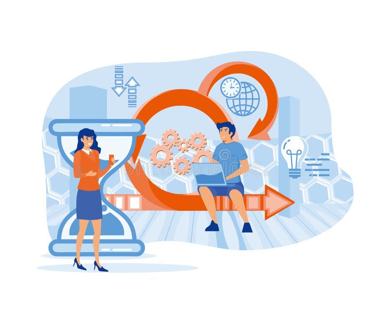 Uomo e donna con laptop vicino a ingranaggi e clessidra. organizzazione di un workflow efficiente e di una gestione dei tempi. royalty illustrazione gratis