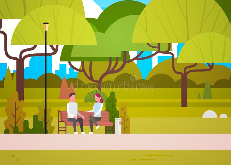 Uomo e donna di conversazione del parco di Sit On Bench In City delle coppie che si rilassano in natura che comunica illustrazione di stock Uomo e donna di conversazione del parco di Sit On Bench In City delle coppie che si rilassano in natura che comunica illustrazione di stock