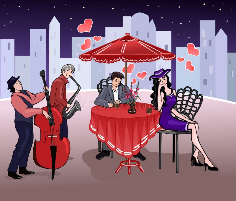 Uomo e donna elegante in un caffè di estate Data romantica Sensibilità reciproche Coppie nell'amore Musicisti della via Vettore royalty illustrazione gratis Uomo e donna elegante in un caffè di estate Data romantica Sensibilità reciproche Coppie nell'amore Musicisti della via Vettore royalty illustrazione gratis