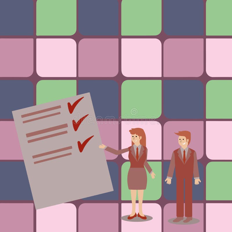 Uomo e donna sicuri in vestito che sta, Gesturing e presentante rapporto di dati sul bordo di colore creativo illustrazione vettoriale Uomo e donna sicuri in vestito che sta, Gesturing e presentante rapporto di dati sul bordo di colore creativo illustrazione vettoriale