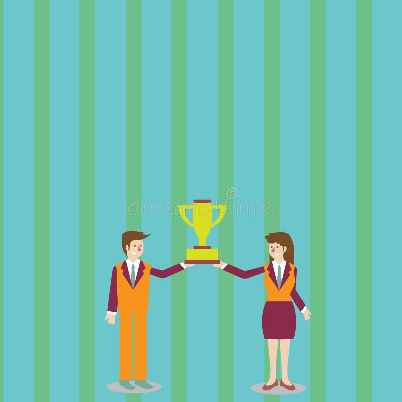 Uomo e donna in vestito che tengono insieme la tazza del trofeo dei vincitori di campionato loro Priorità bassa creativa illustrazione di stock Uomo e donna in vestito che tengono insieme la tazza del trofeo dei vincitori di campionato loro Priorità bassa creativa illustrazione di stock