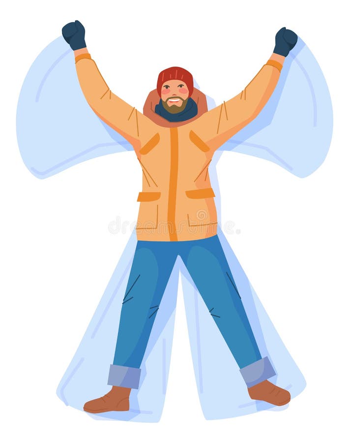 Uomo felice sdraiato sulla neve. persona che fa le ali d'angelo illustrazione di stock