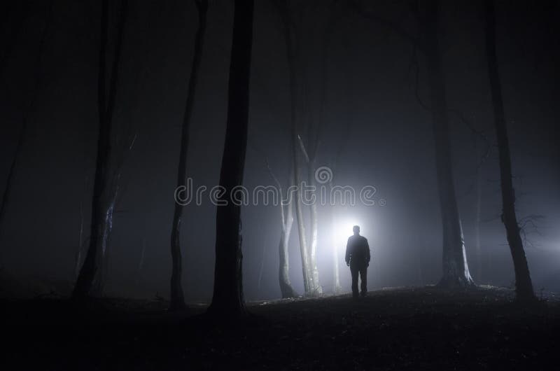 Man in a dark forest with fog at night with light. Man in a dark forest with fog at night with light