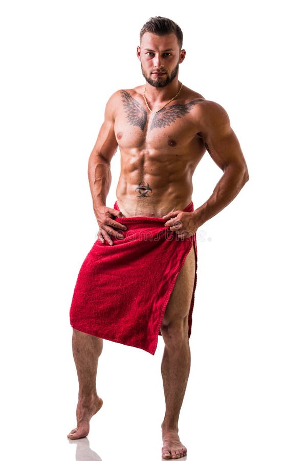 Uomo muscolare topless bello con l'asciugamano fotografia stock libera da diritti Uomo muscolare topless bello con l'asciugamano fotografia stock libera da diritti