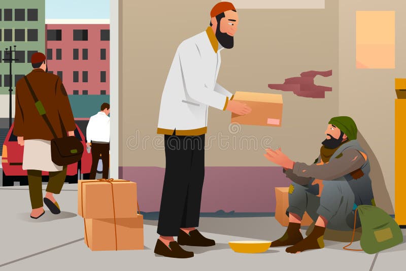 A vector illustration of Muslim Man Giving Donation to a Poor Homeless Man. A vector illustration of Muslim Man Giving Donation to a Poor Homeless Man