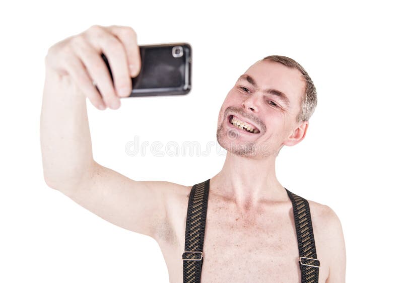 Uomo nudo divertente che prende selfie immagini stock libere da diritti Uomo nudo divertente che prende selfie immagini stock libere da diritti