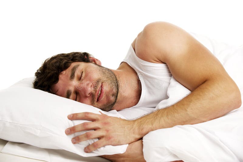 Uomo Risieduto Nel Sonno Bianco Del Letto Fotografia Stock - Immagine