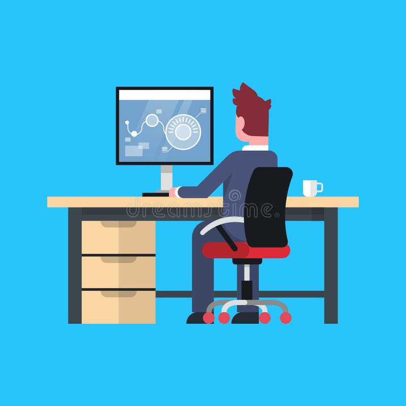 Uomo Sit At Office Desk Working di affari all'uomo d'affari maschio Back Rear View del computer illustrazione vettoriale