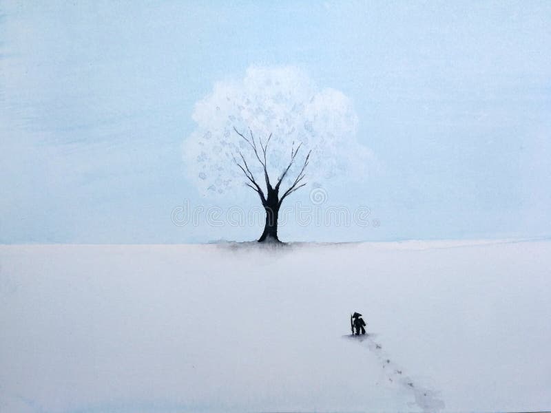Uomo solo di verniciatura del paesaggio che cammina attraverso la neve al grande albero nella stagione invernale royalty illustrazione gratis Uomo solo di verniciatura del paesaggio che cammina attraverso la neve al grande albero nella stagione invernale royalty illustrazione gratis