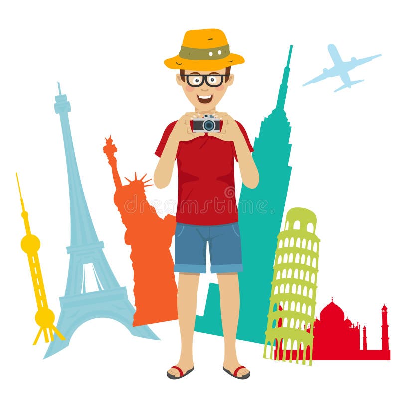 Uomo turistico felice del fotografo che controlla mondo che fa un giro turistico illustrazione vettoriale Uomo turistico felice del fotografo che controlla mondo che fa un giro turistico illustrazione vettoriale